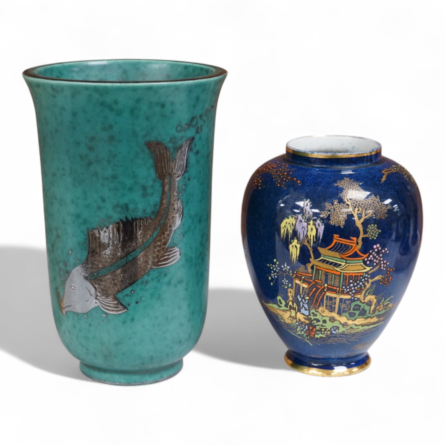 A Gustavsberg Argenta ware vase and a Carlton ware vase, tallest 16.5cm high.